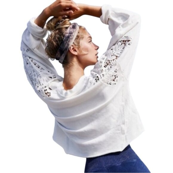 Free People Movement Sun and Done Sweatshirt in Ivory size Small Crochet Trim - Picture 3 of 14